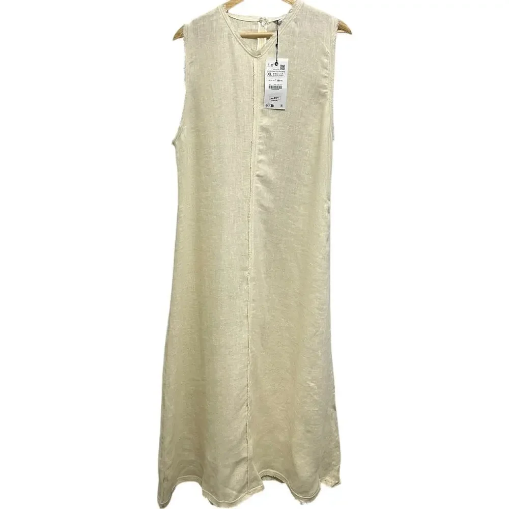 NWT ZARA 100% Linen Minimalist Sleeveless Shift Natural Vanilla  Midi Dress - Picture 3 of 14